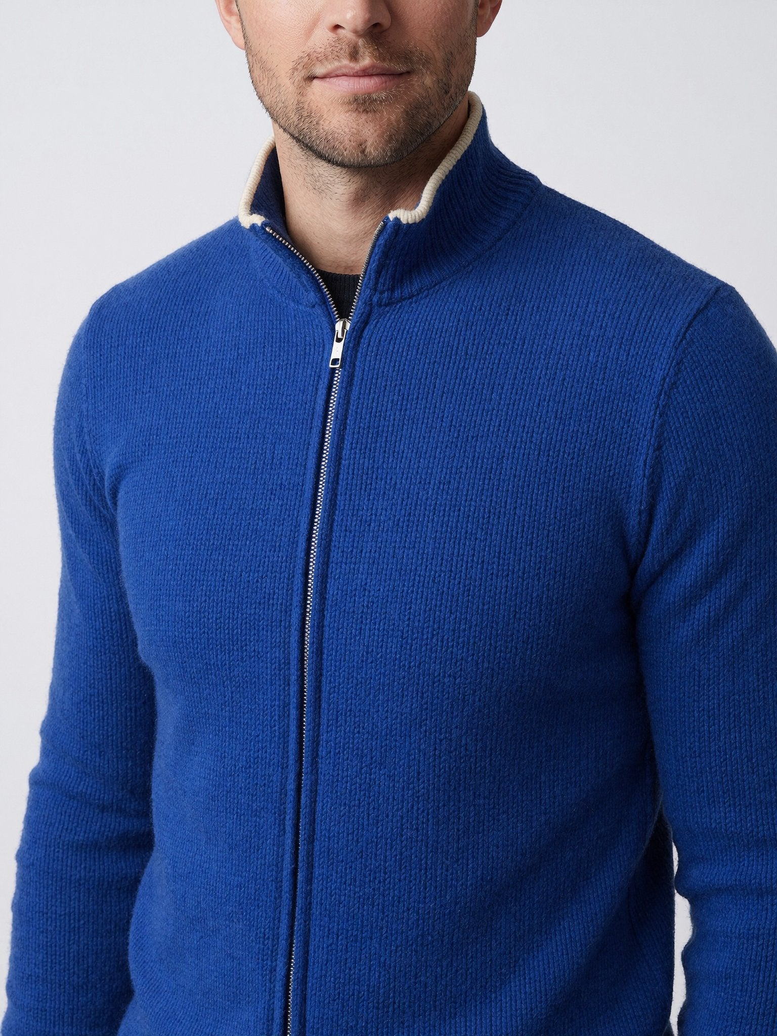 Benedict knitted zip cardigan collar detail