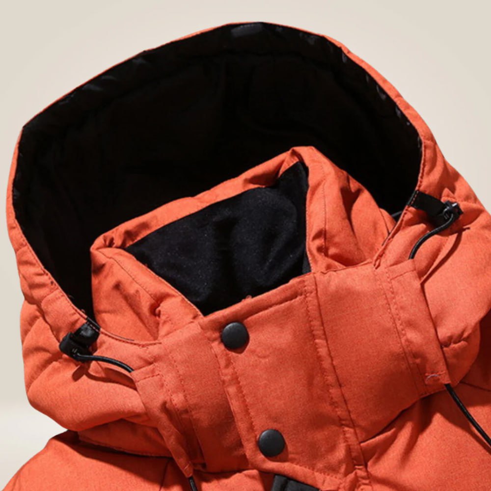 Blake All-Weather Down Jacket orange, close-up of the collar and snap placket