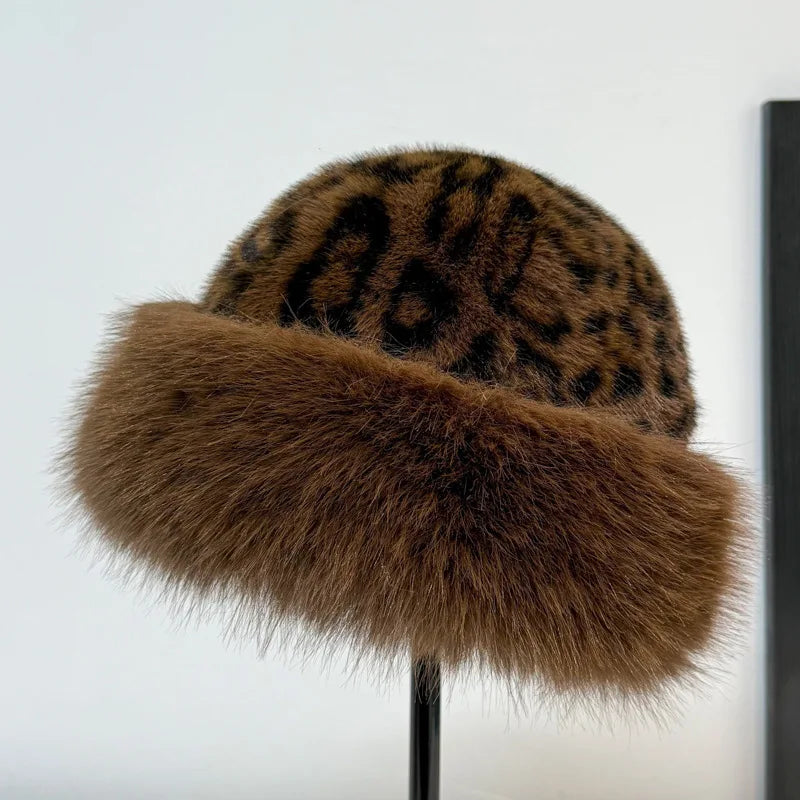Calista leopard print faux fur hat, front view