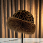 Calista leopard print faux fur hat, side view