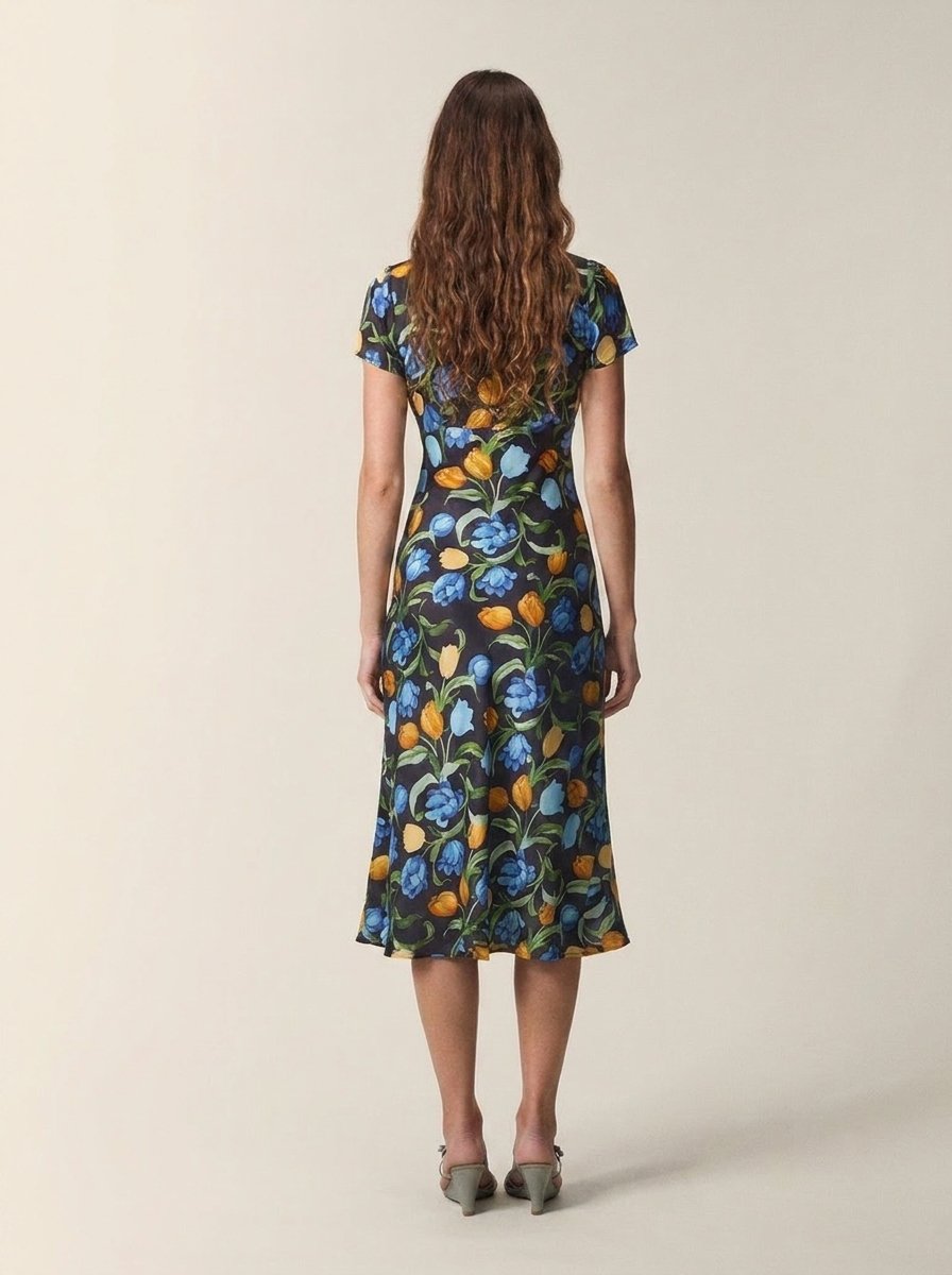 Black floral tulip print midi dress, back view