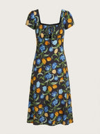 Black floral tulip print midi dress, product-only shot