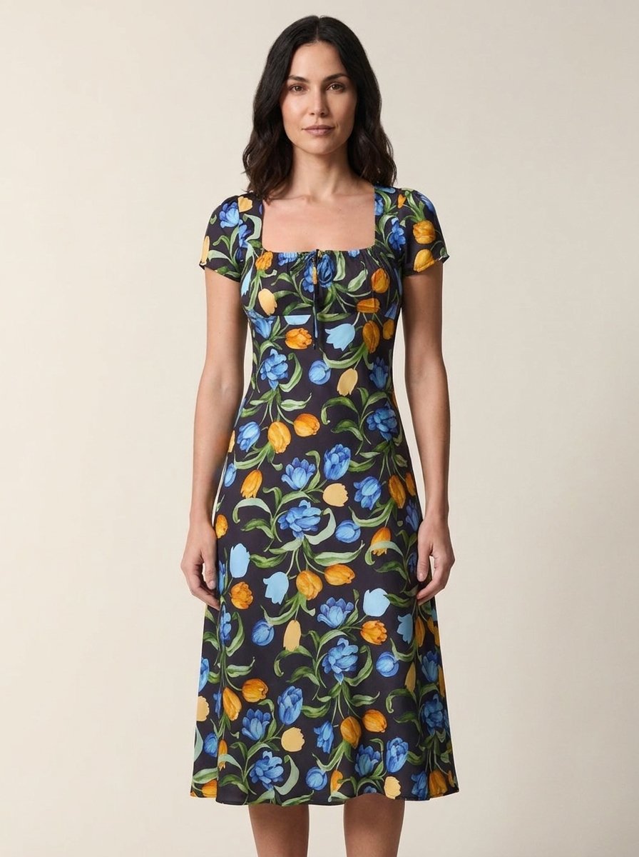 Black floral tulip print midi dress with square neckline, front view