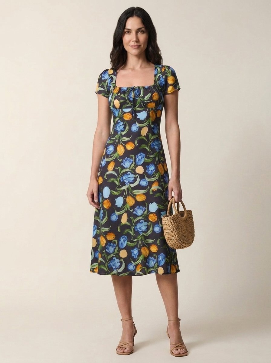 Black floral tulip print midi dress, full body view with basket bag