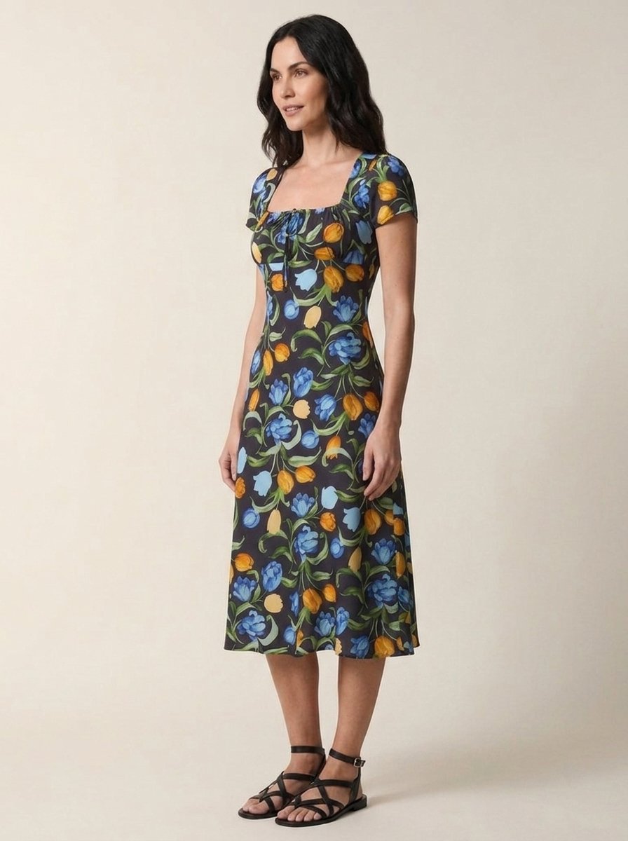 Black floral tulip print midi dress, three-quarter view