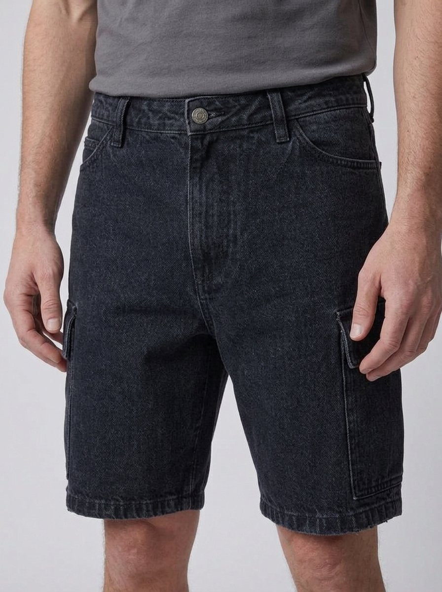 Cillian denim cargo shorts washed black - waist detail