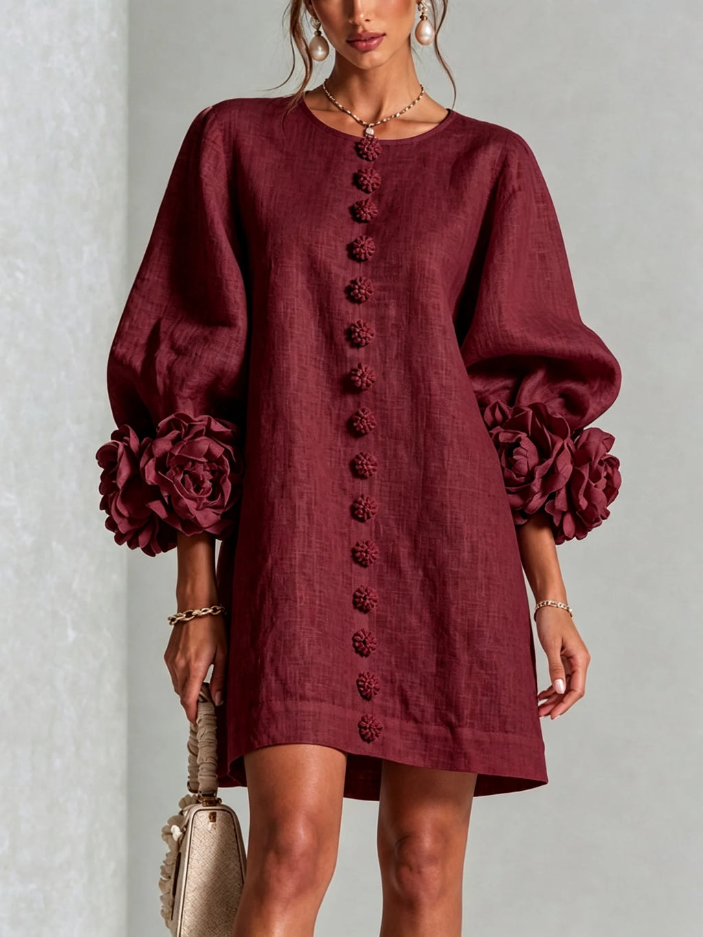 Clementine shift dress with balloon sleeves and rosette cuffs, image 10