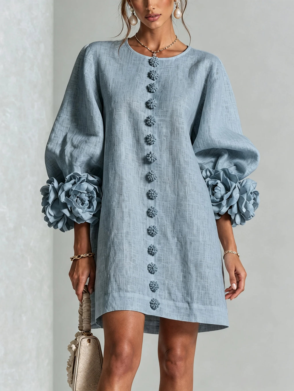 Clementine shift dress with balloon sleeves and rosette cuffs, image 11