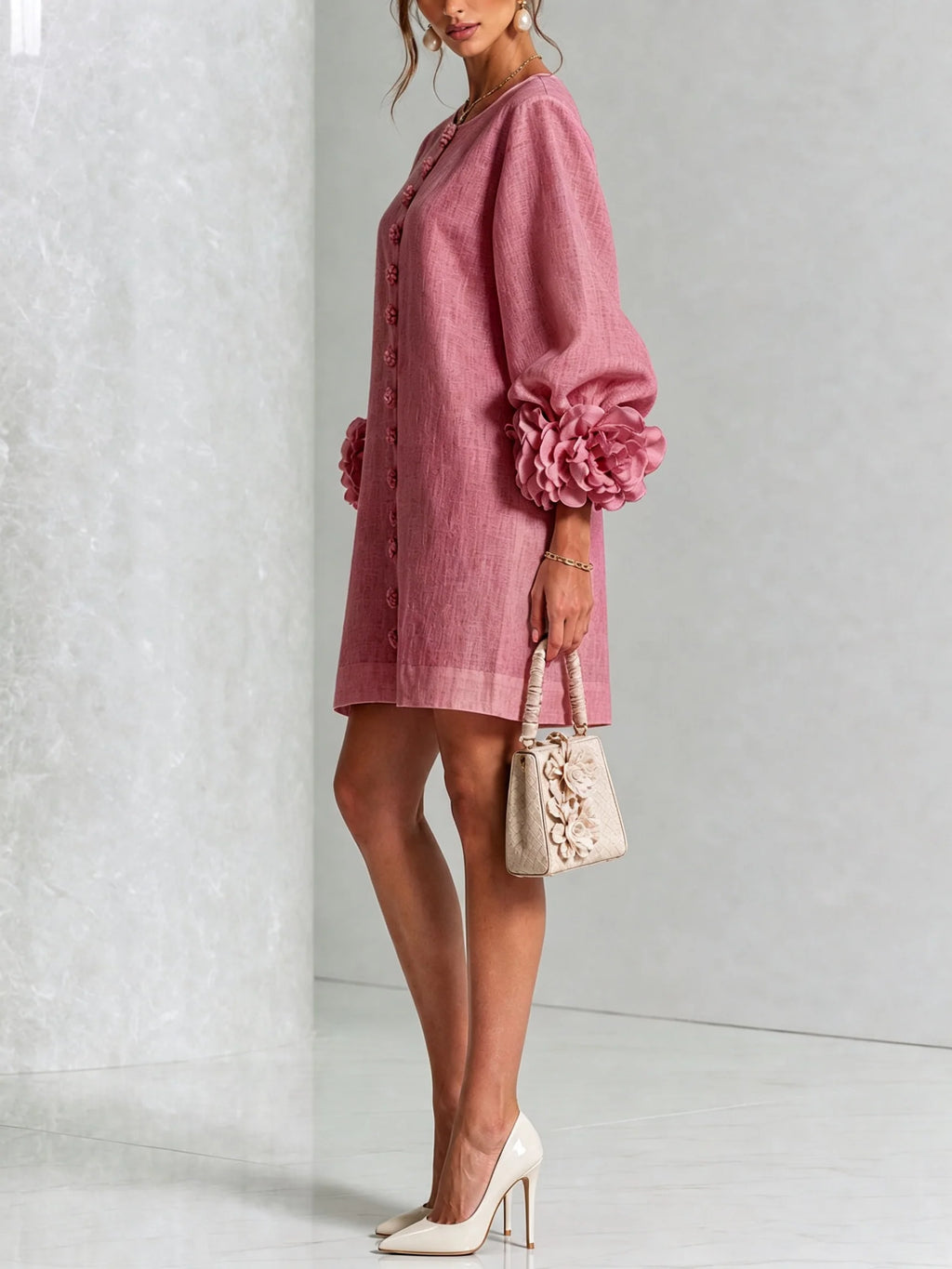 Clementine shift dress with balloon sleeves and rosette cuffs, image 12