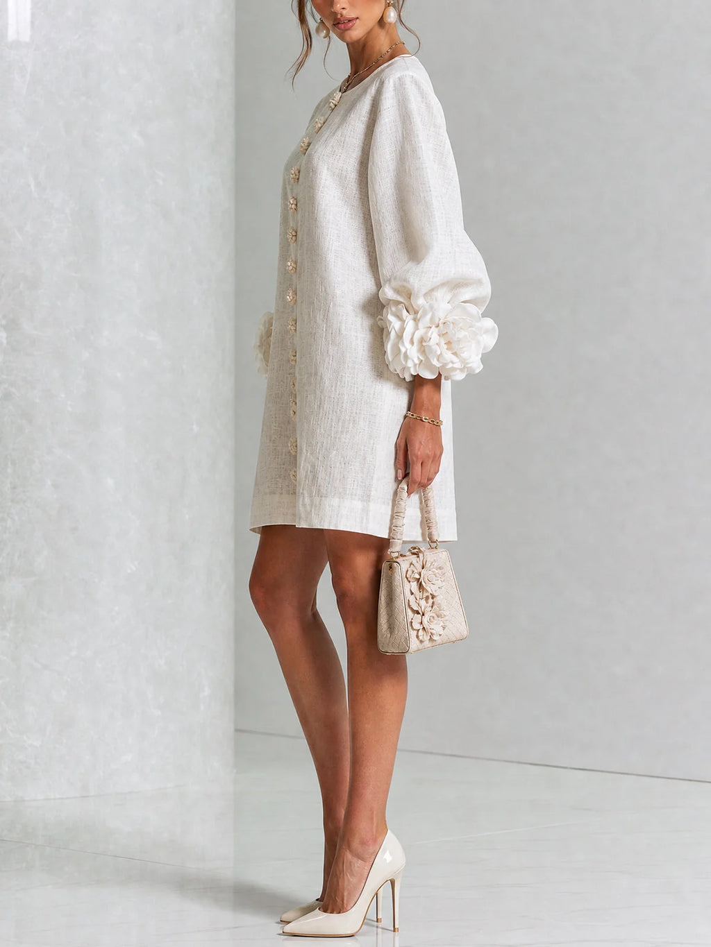 Clementine shift dress with balloon sleeves and rosette cuffs, image 2