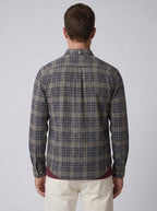 Grey navy check flannel shirt, back view
