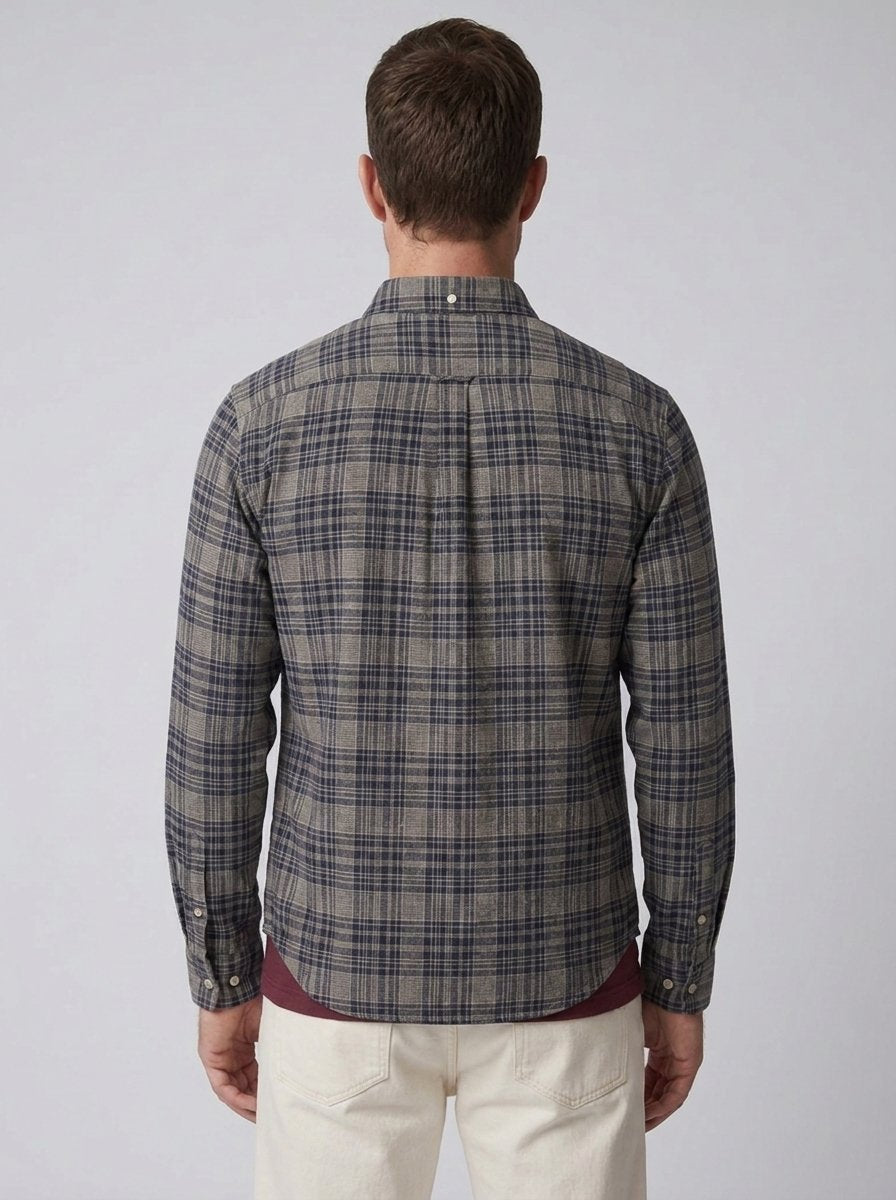Grey navy check flannel shirt, back view