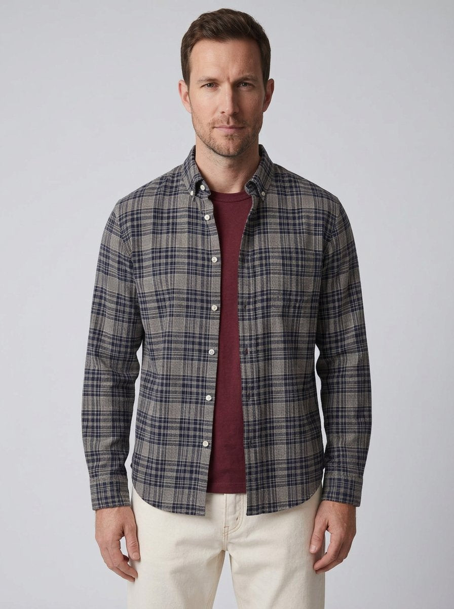 Grey navy check flannel shirt, front view