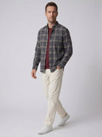 Grey navy check flannel shirt, full body walking view