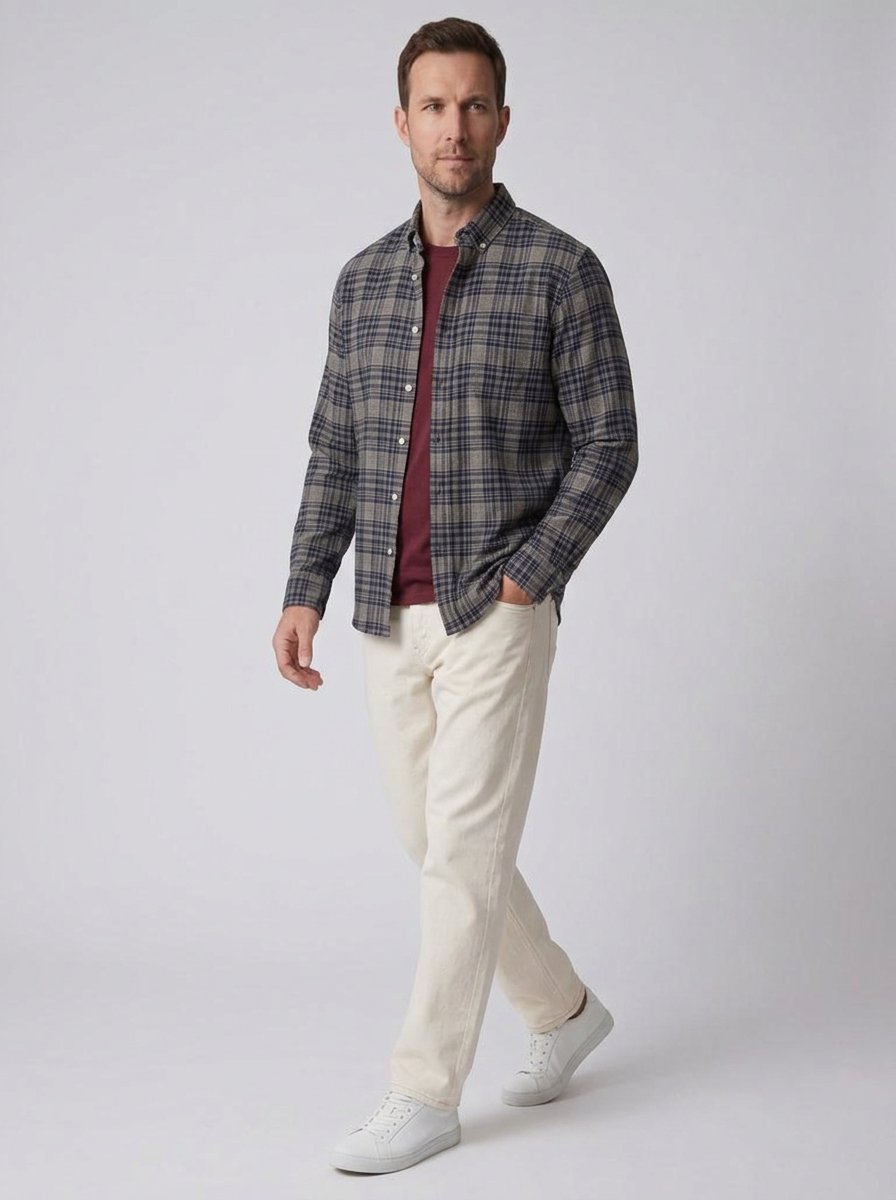 Grey navy check flannel shirt, full body walking view