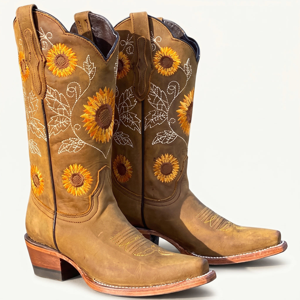 Daisy embroidered western boots khaki