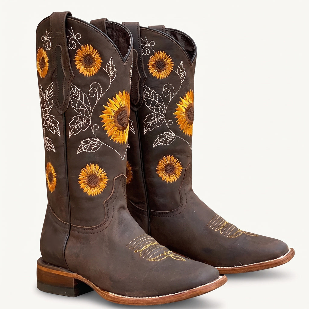 Daisy embroidered western boots dark brown