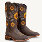 Daisy embroidered western boots dark brown