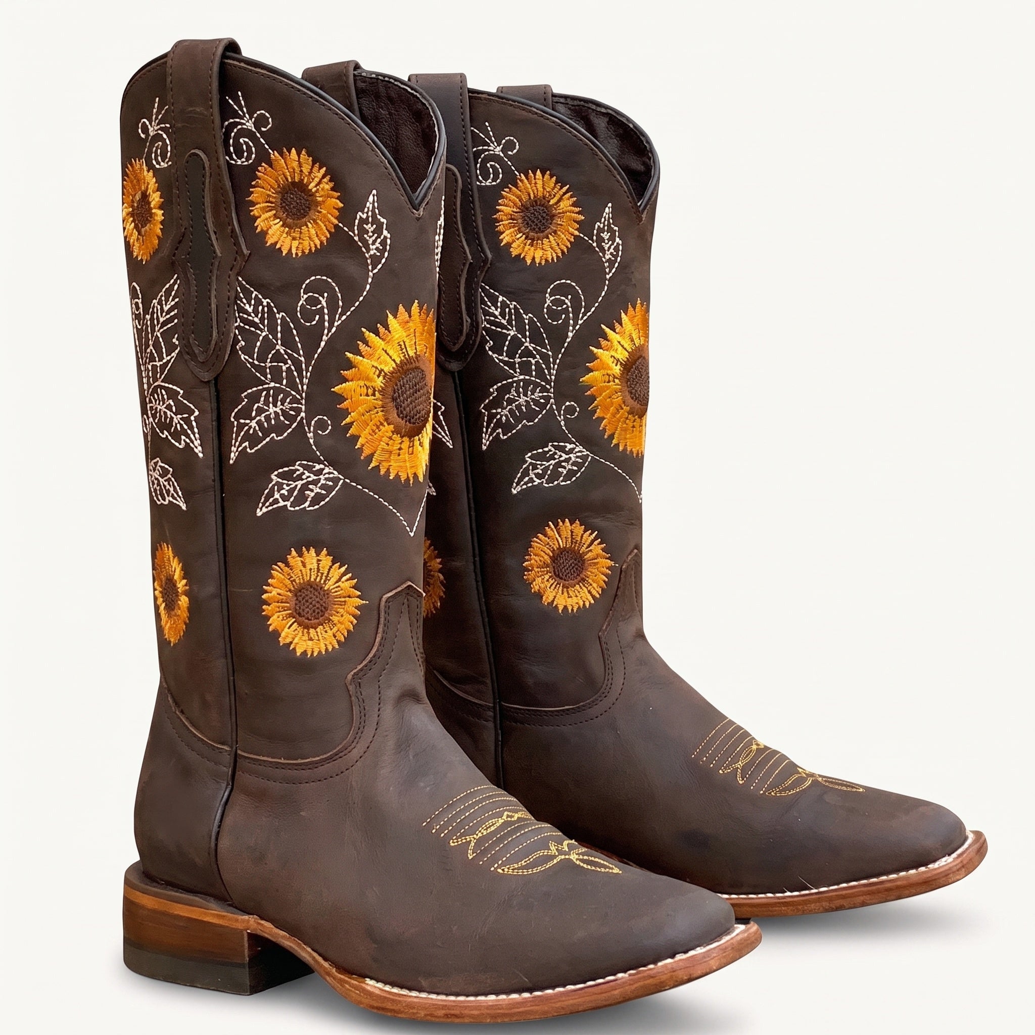 Daisy embroidered western boots dark brown