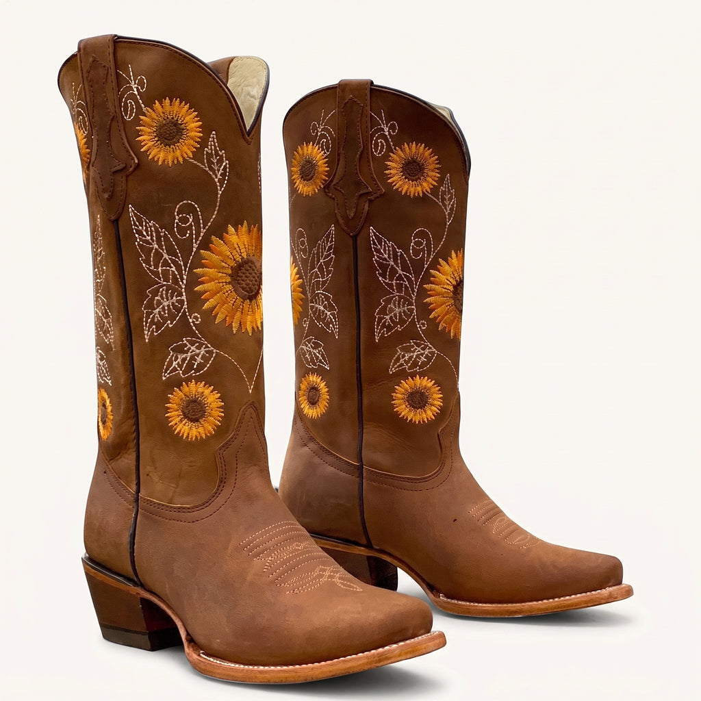 Daisy embroidered western boots brown