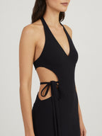 Darian halter tie mini dress side cutout detail