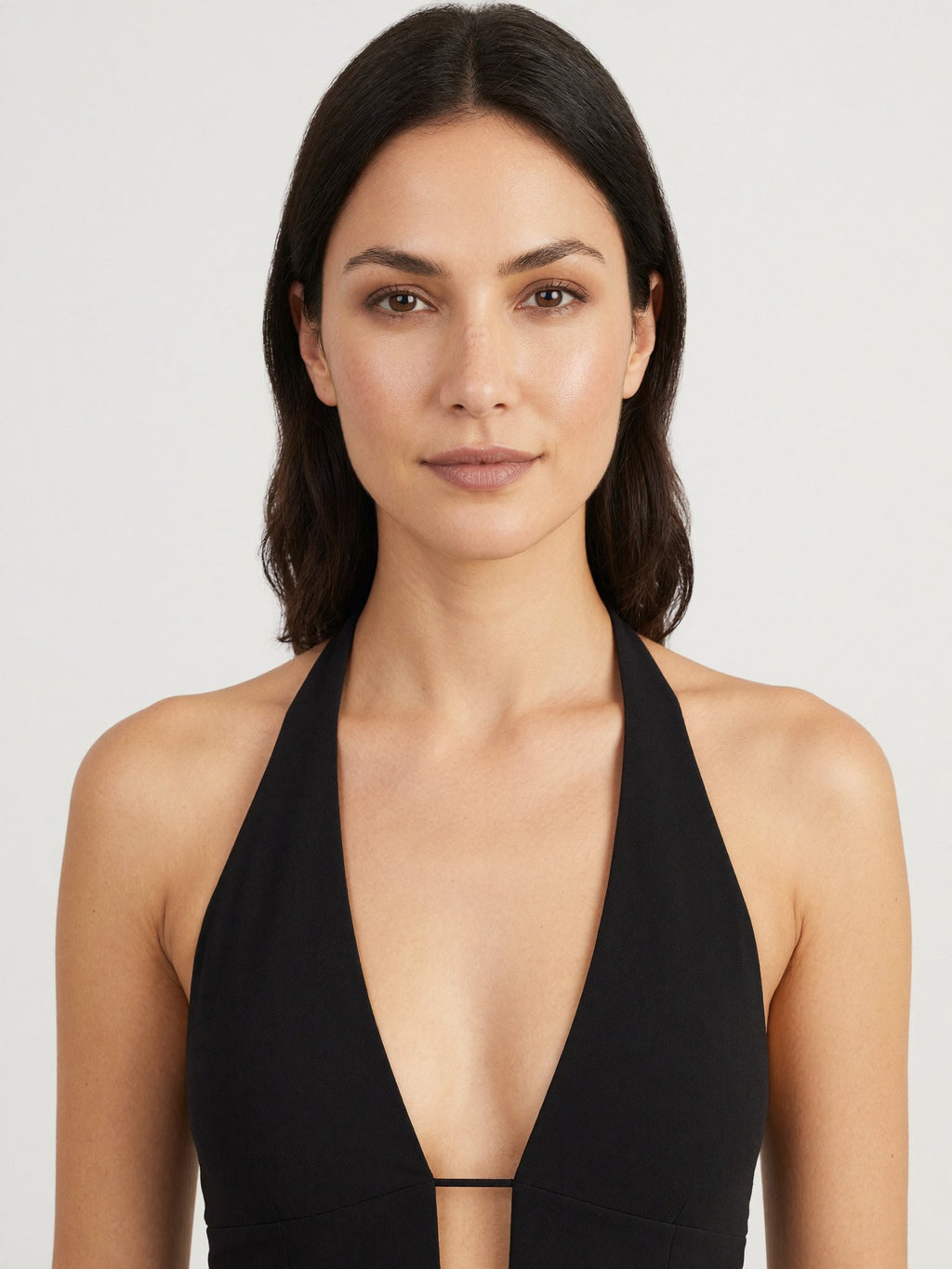 Darian halter tie mini dress close-up neckline