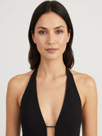 Darian halter tie mini dress close-up neckline