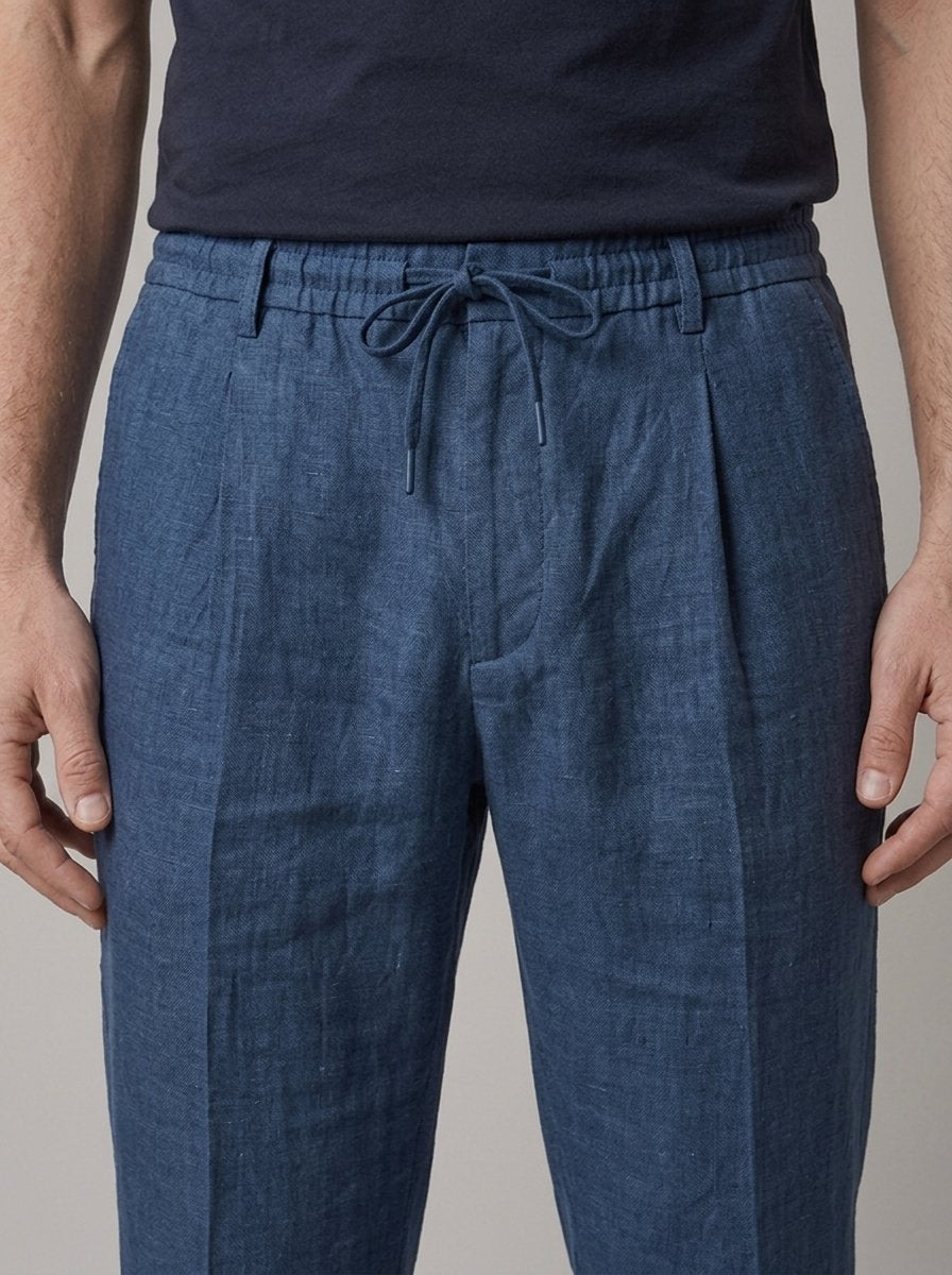 Eamon linen chino trousers blue - waist and pleat detail