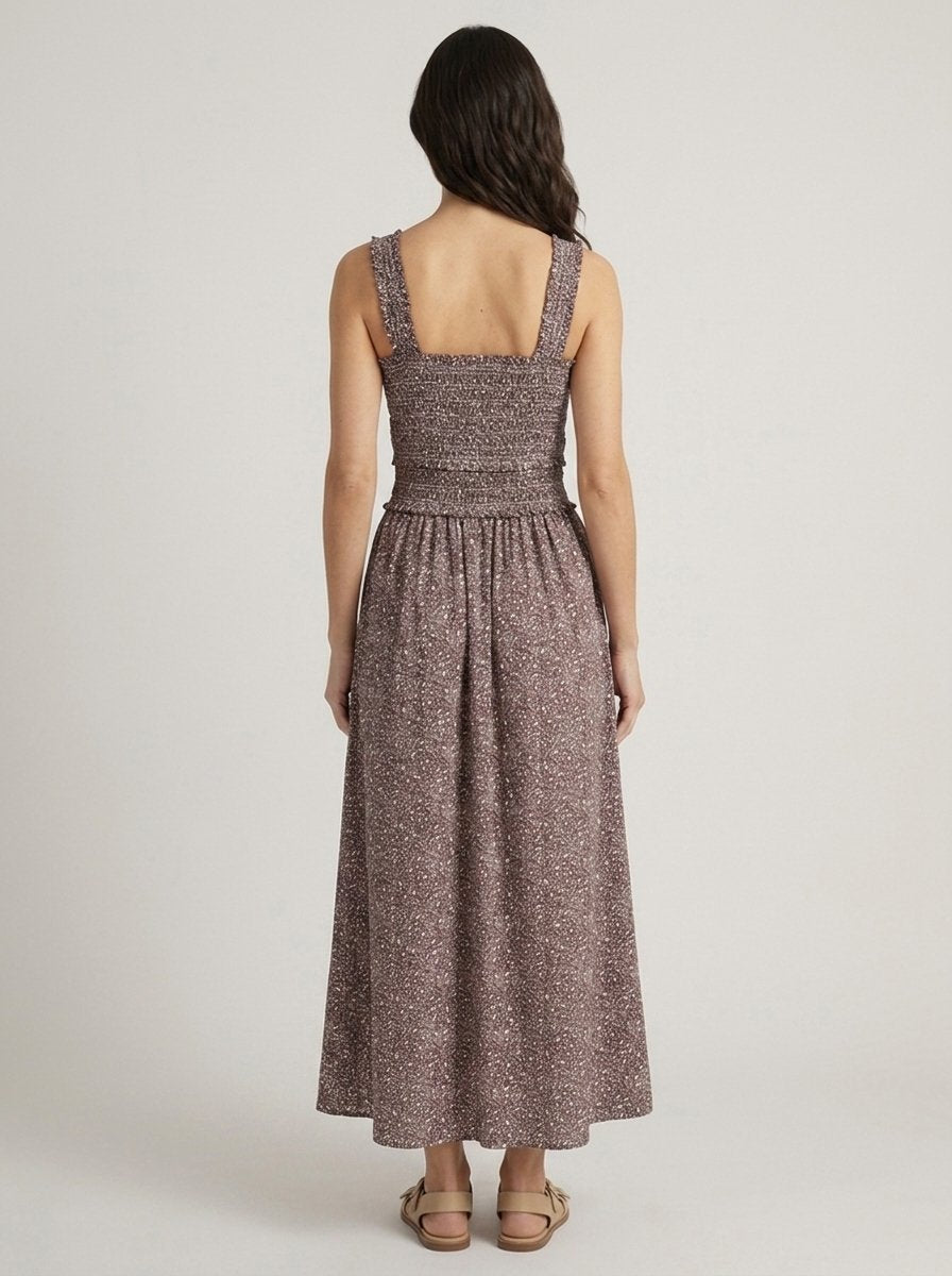 Chocolate ditsy floral smocked maxi dress, back view