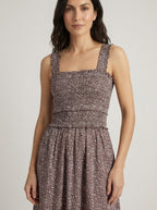 Chocolate ditsy floral smocked maxi dress, close-up of bodice and waistband
