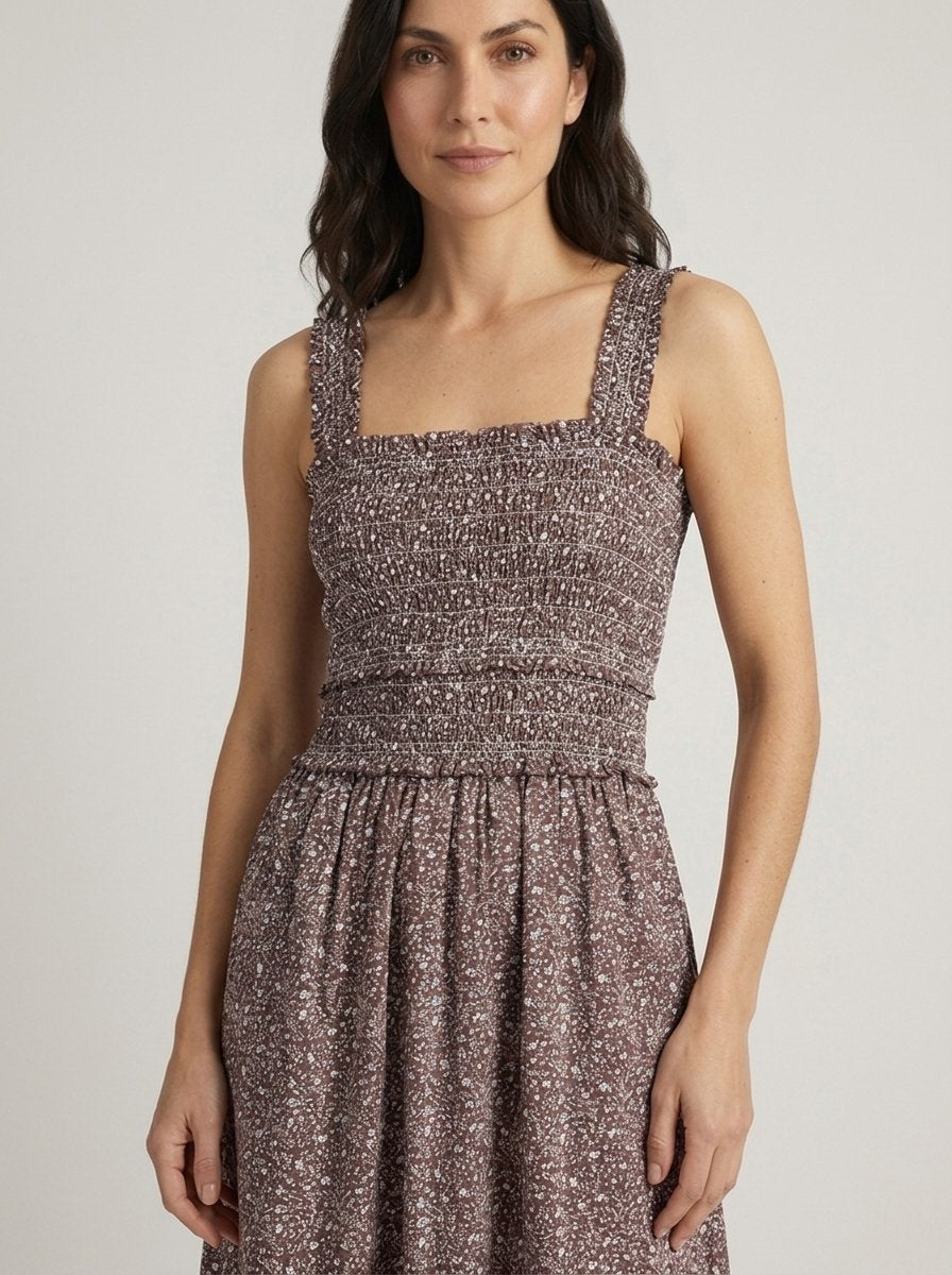 Chocolate ditsy floral smocked maxi dress, close-up of bodice and waistband