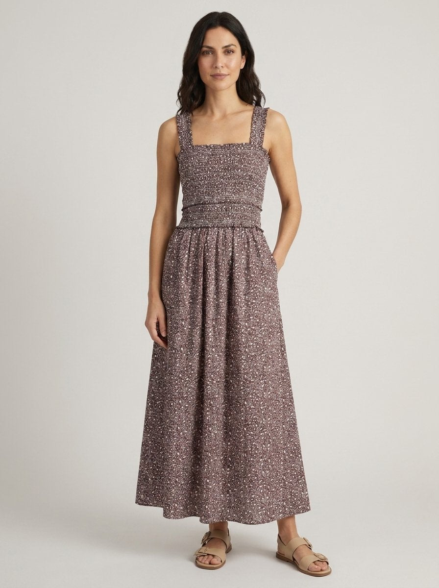 Chocolate ditsy floral smocked maxi dress, front view