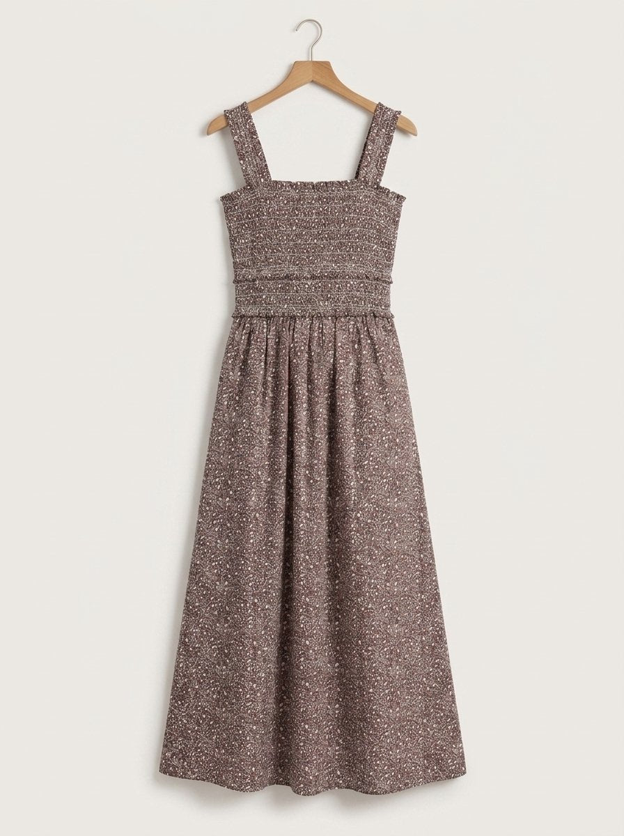 Chocolate ditsy floral smocked maxi dress, product-only shot