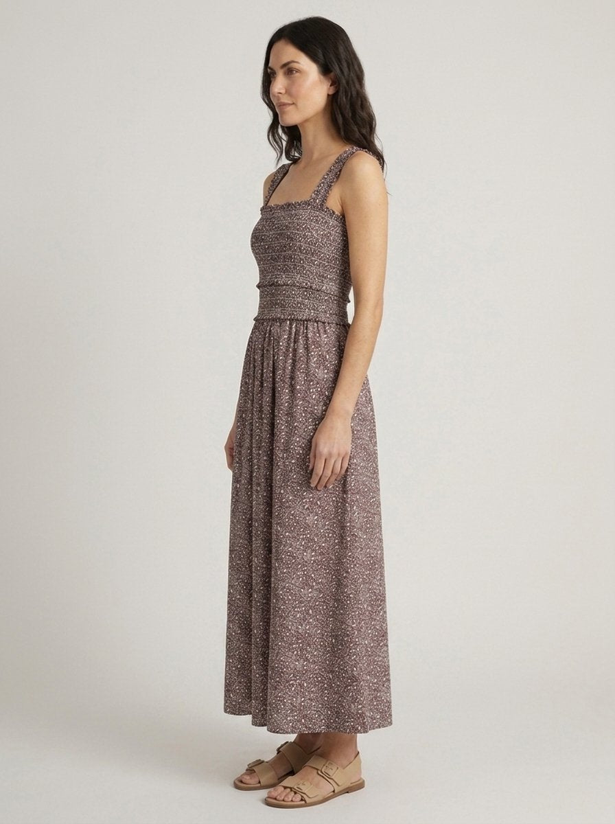 Chocolate ditsy floral smocked maxi dress, side view