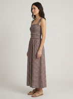Chocolate ditsy floral smocked maxi dress, side view
