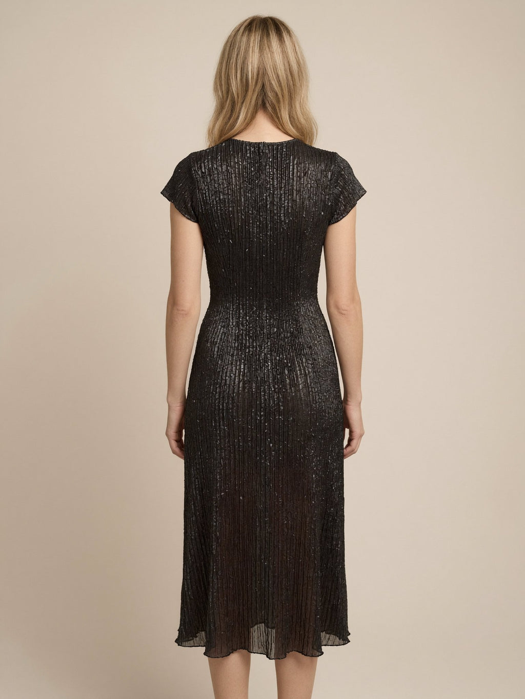 Black plisse midi cocktail dress back view