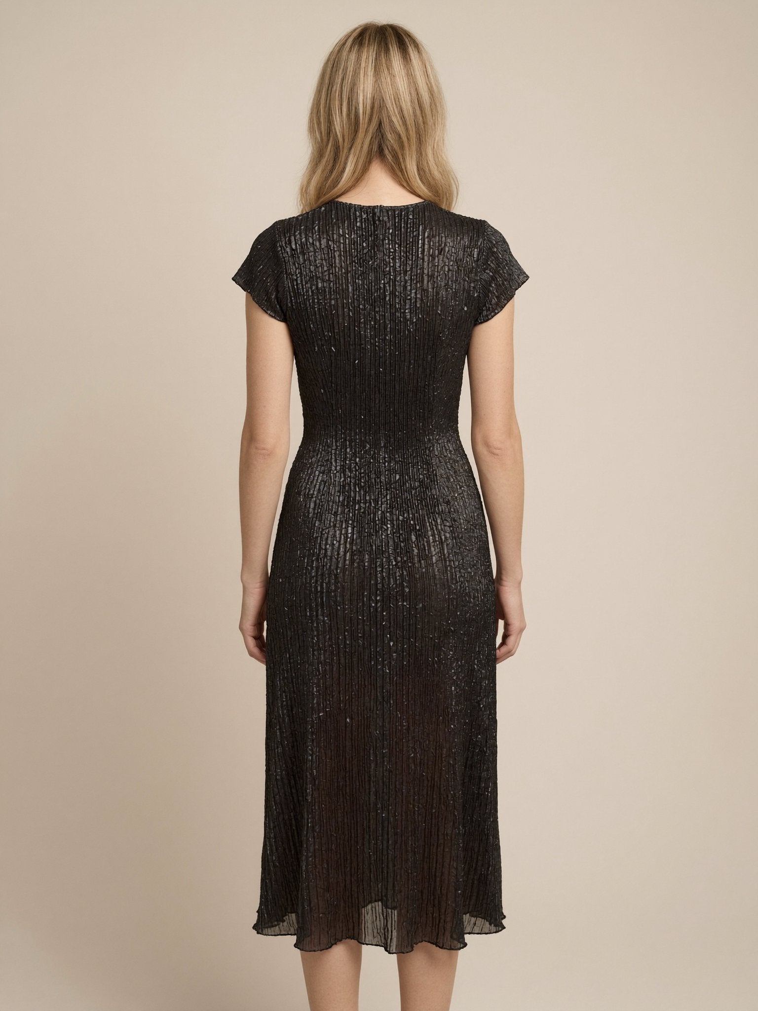 Black plisse midi cocktail dress back view