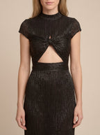 Black plisse midi cocktail dress chest cutout detail