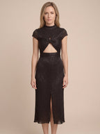 Black plisse midi cocktail dress front view