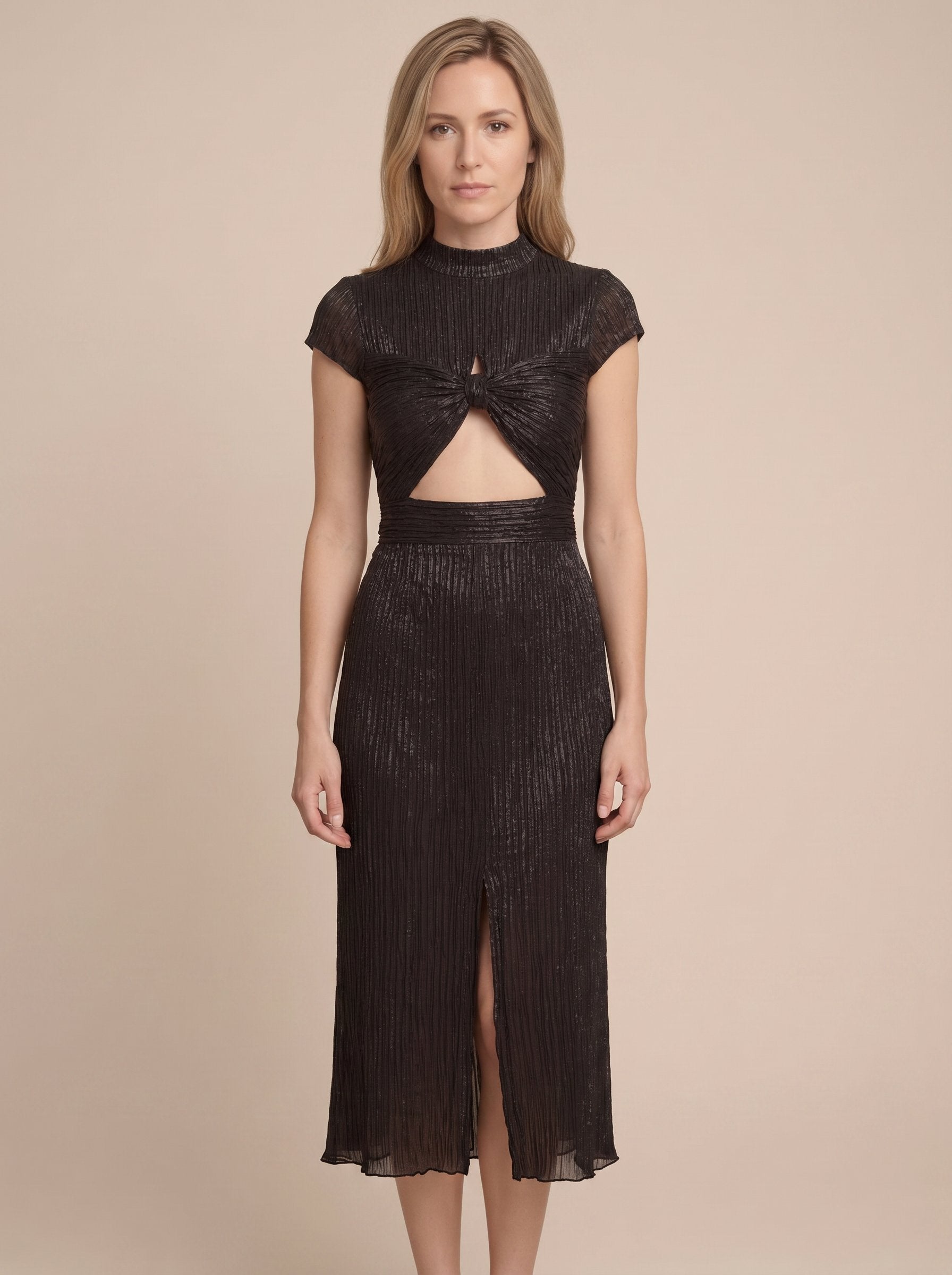 Black plisse midi cocktail dress front view