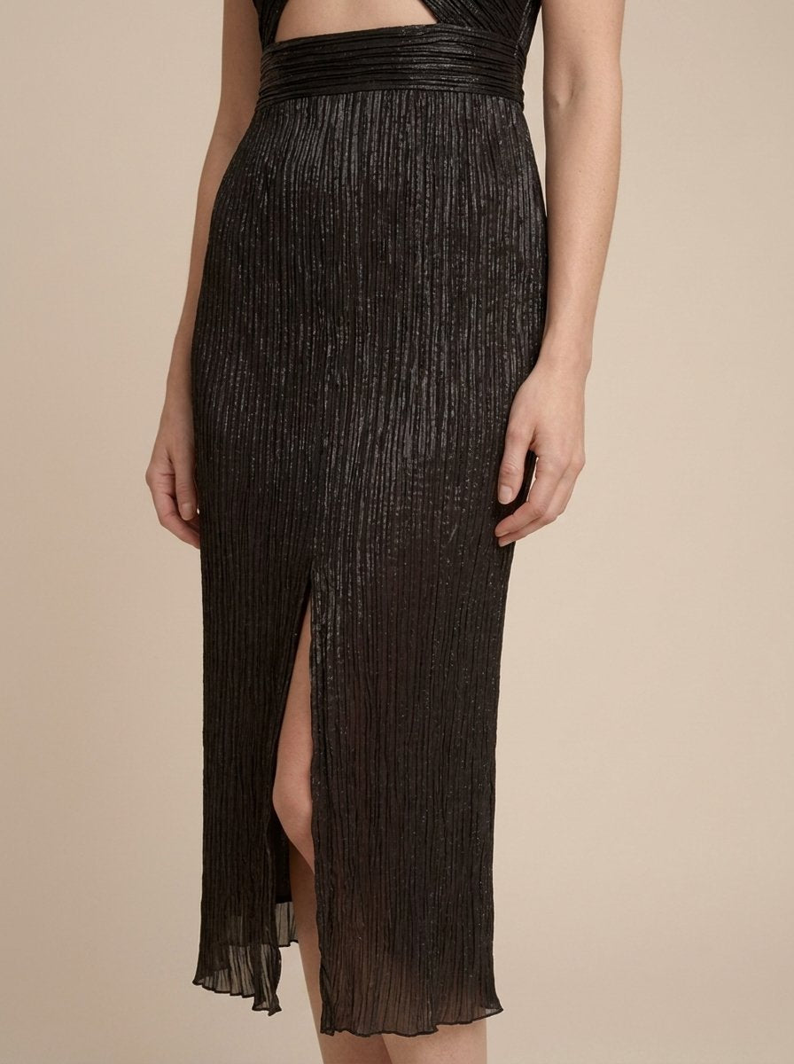 Black plisse midi cocktail dress slit detail