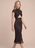 Black plisse midi cocktail dress walking
