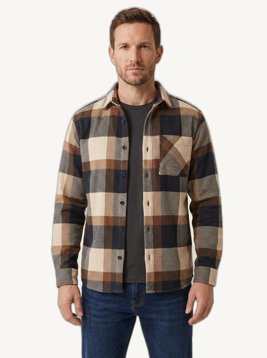 Edison checked overshirt with chest pockets in dark brown