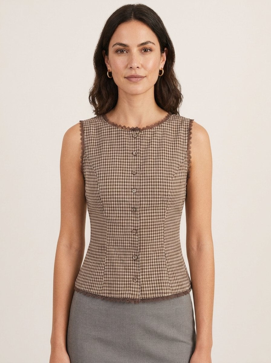 Brown plaid gingham vest top with round neckline, scalloped lace trim, and button placket, front view