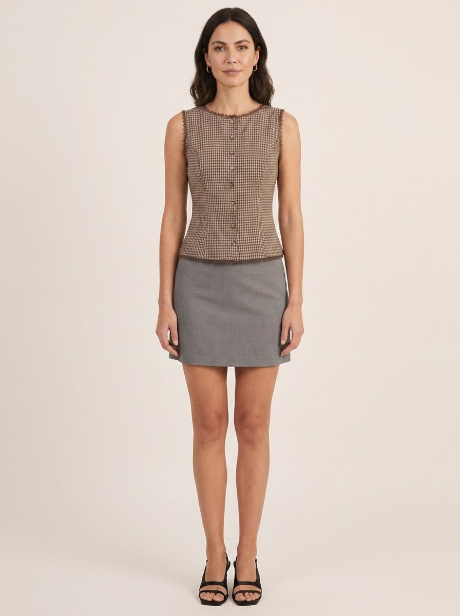Brown plaid gingham vest top, full body view with grey mini skirt and heels
