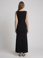 Black ribbed knit maxi dress, back view