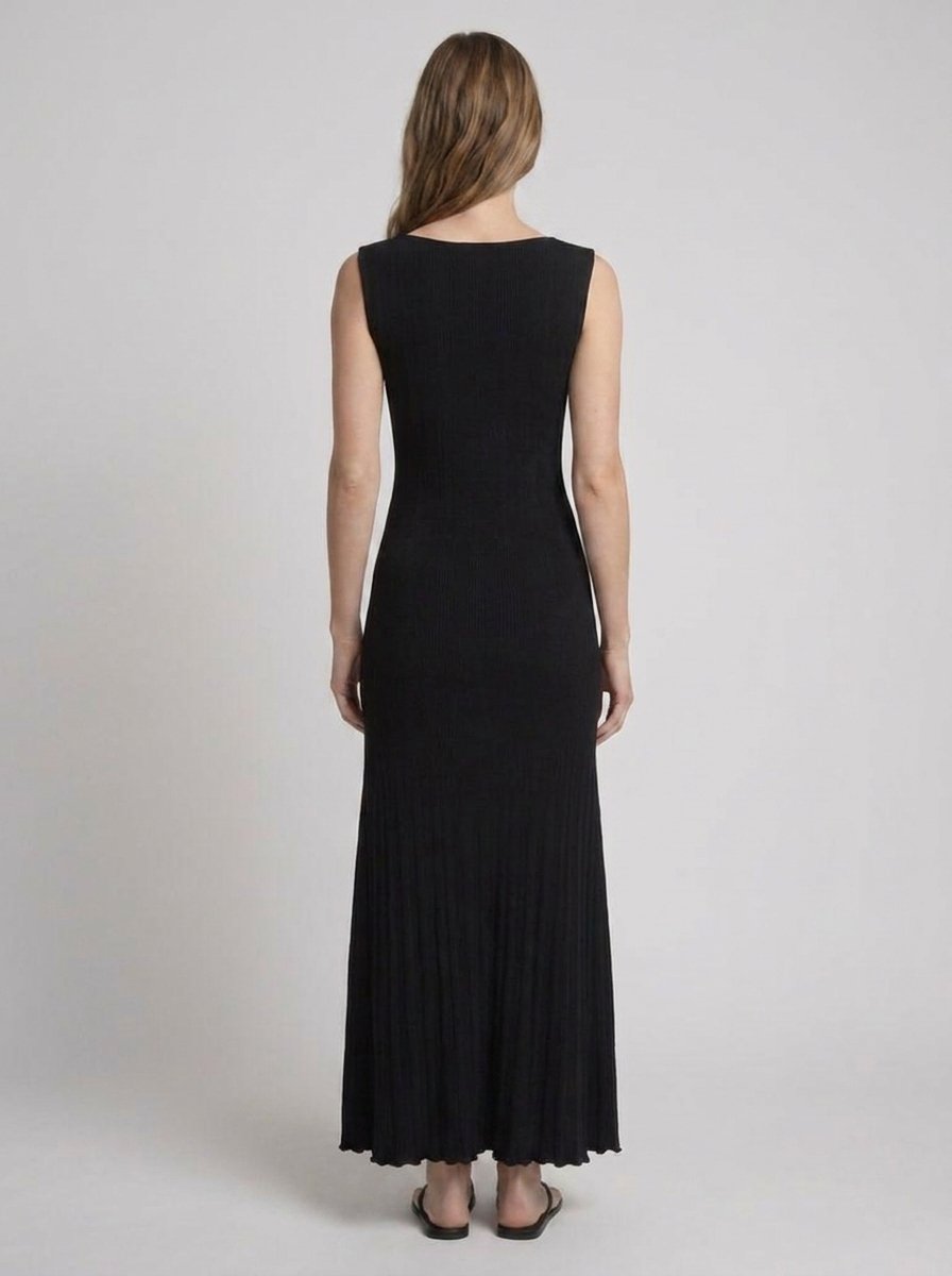 Black ribbed knit maxi dress, back view