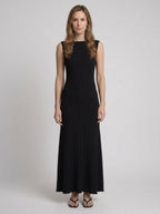 Black ribbed knit sleeveless maxi dress with boat neckline, front view