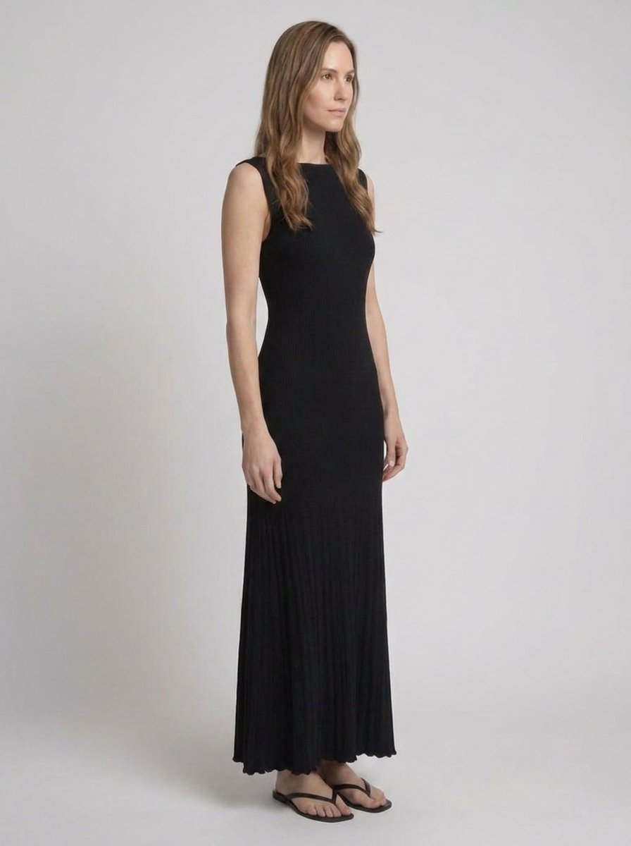 Black ribbed knit maxi dress, full body side view