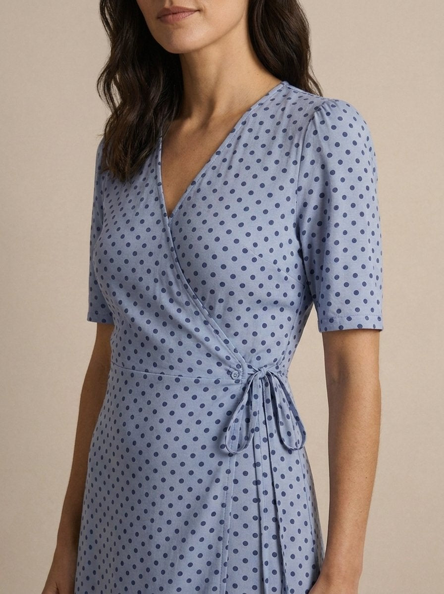 Elinor Polka Dot Midi Wrap Dress - neckline detail